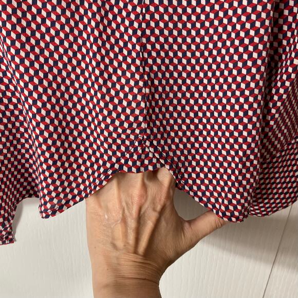 THEORY Button Shirt Women XL Silk Multi-Red Geo-Print Pocket Long-Slv “Rogene” - Picture 6 of 13